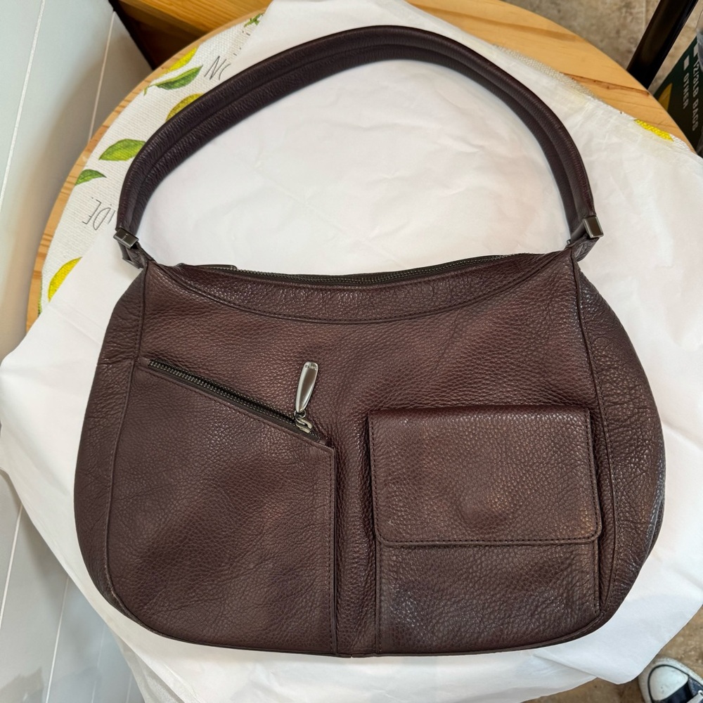 DKNY Brown LEATHER Shoulder Bag with Slouchy Design